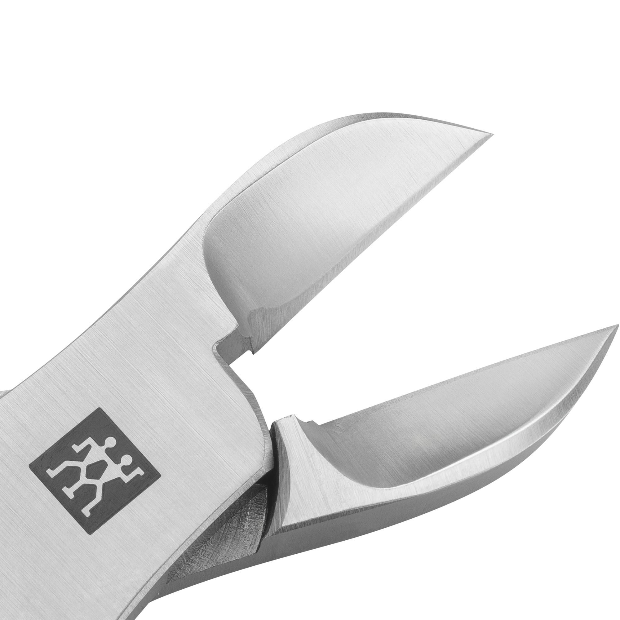 Nahaufnahme der geöffneten Schneide der ZWILLING Premium Nagelzange mit Pufferfeder aus rostfreiem Edelstahl.
