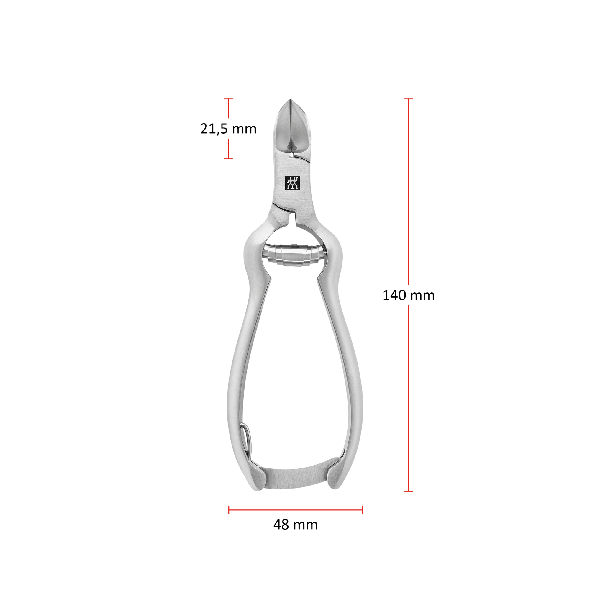 Größenangaben einer ZWILLING Premium Nagelzange mit Pufferfeder. Die Gesamtlänge beträgt 140mm und die Breite im geschlossenen Zustand 48mm. Der Zangenkopf hat eine Länge von 21,5mm.