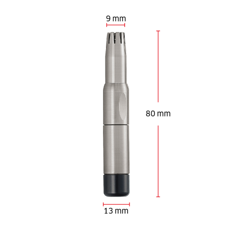 Größenangaben eines ZWILLING Premium Nasen- und Ohrenhaartrimmers. Gesamtlänge beträgt 80mm.