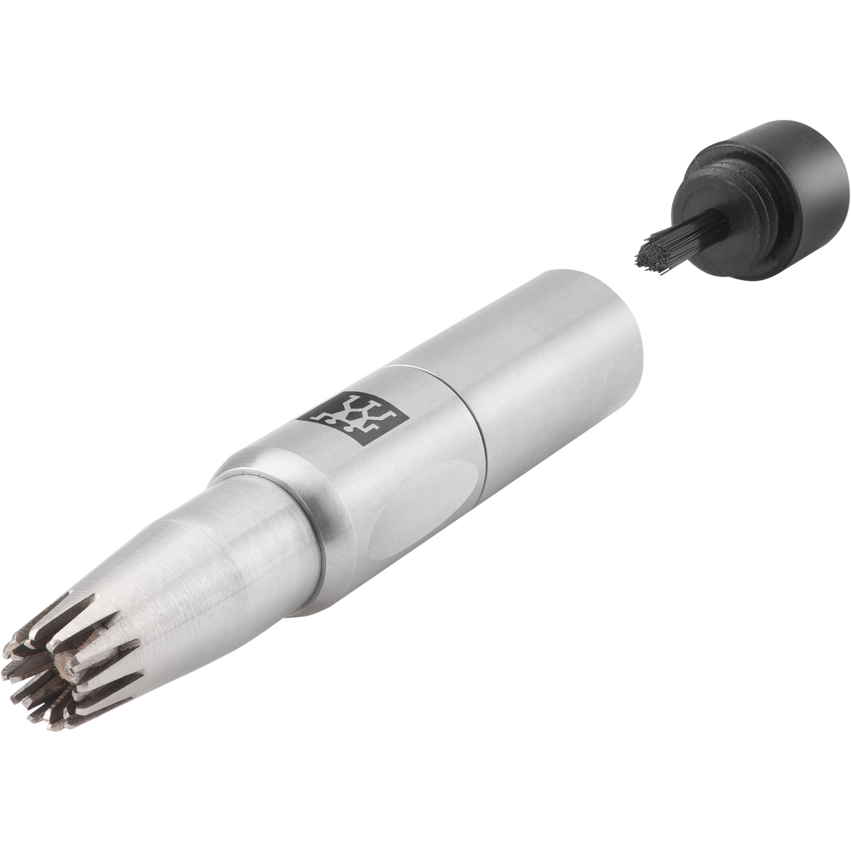 Queransicht eines ZWILLING  
Premium Nasen- und Ohrenhaartrimmers mit innenliegenden, rotierenden Schneiden, Reinigungsbürste hinten.