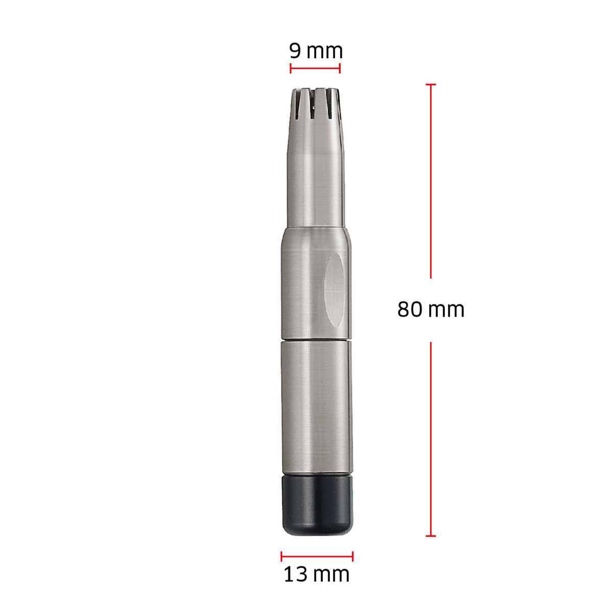 Größenangaben eines ZWILLING Premium Nasen- und Ohrenhaartrimmers. Gesamtlänge beträgt 80mm.