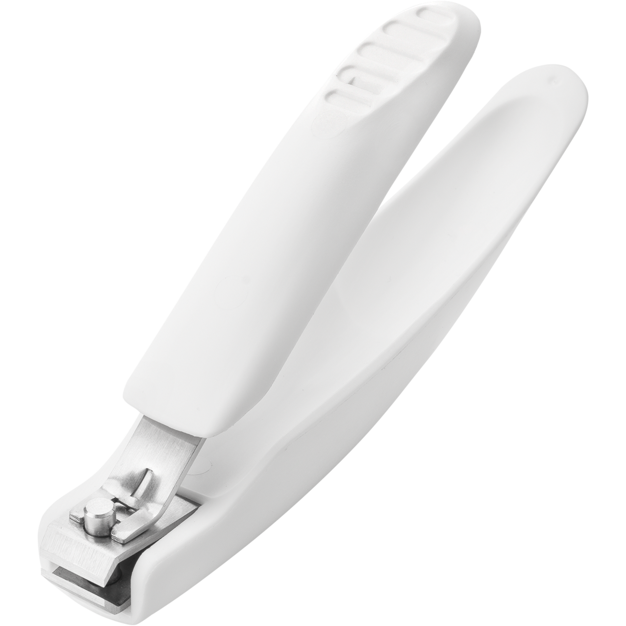 Queransicht eines ZWILLING Premium Fußnagelknipsers in weiß mit scharfer, gerader Schneide und ergonomisch geformten Nagelfang.