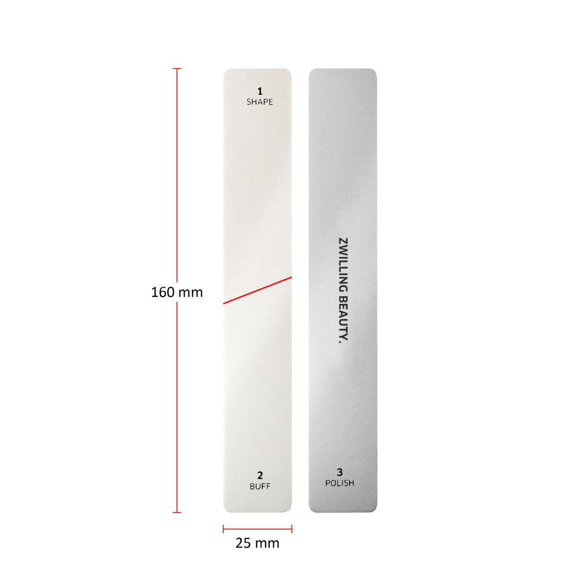 Größenangaben einer ZWILLING Premium Polierfeile. Gesamtlänge beträgt 160mm.