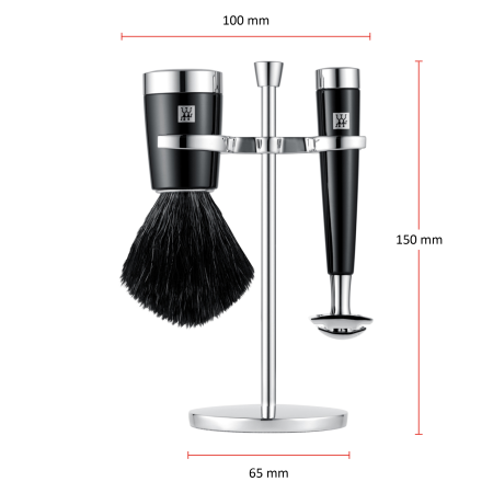 Größenangaben des ZWILLING Classic Rasier-Sets mit Rasierhobel. Gesamtlänge beträgt 150mm. Die Breite des Sets beträgt 100 mm.