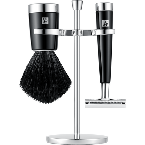 ZWILLING Classic Rasiert-Set mit Rasierhobel in schwarz und einem hochwertigen Edelharz Griff, bestehend aus einem Rasierpinsel aus Kunsthaar, einem Rasierhobel mit scharfer Klinge aus rostfreiem Edelstahl und einem hochwertigen Produkthalter in silber mit rundem Fuß.