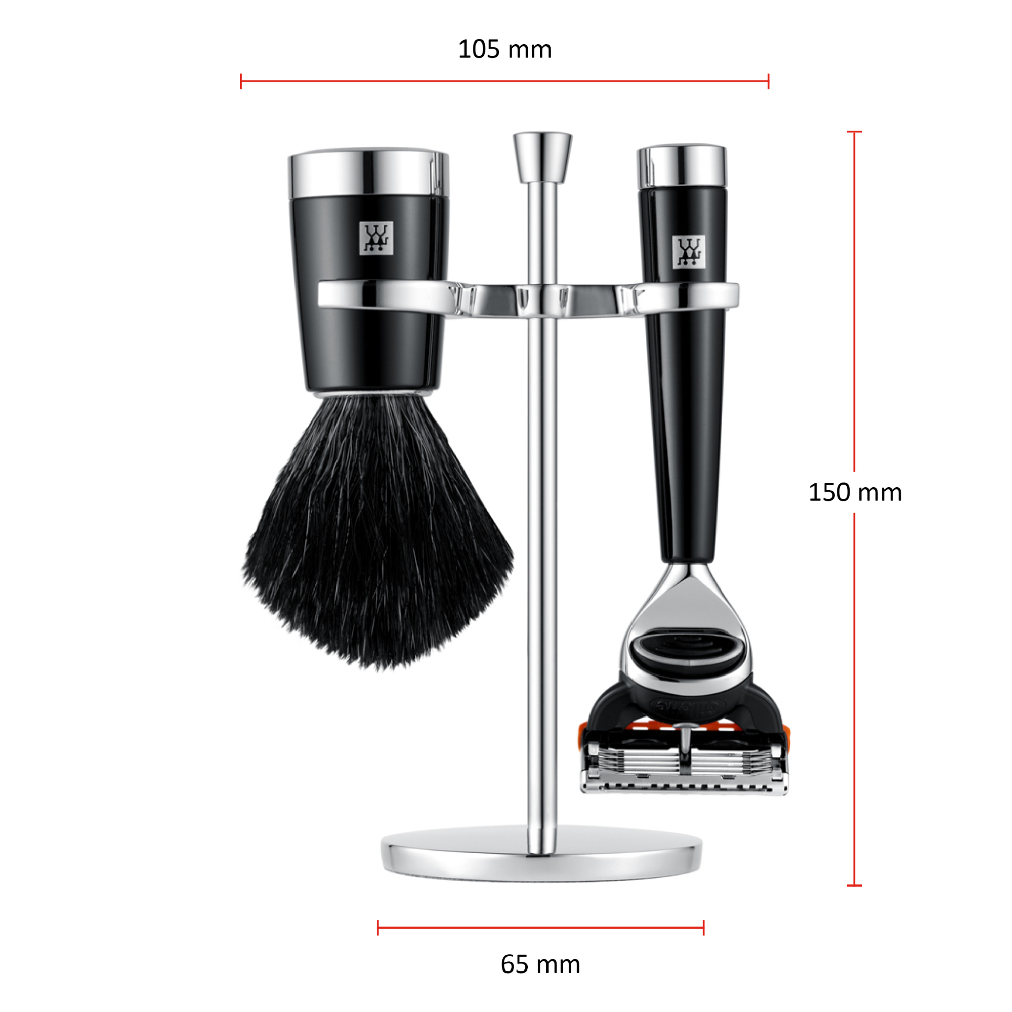 Größenangaben des ZWILLING Classic Rasier-Sets mit Rasierhobel. Gesamtlänge beträgt 150mm. Die Breite des Sets beträgt 105 mm.
