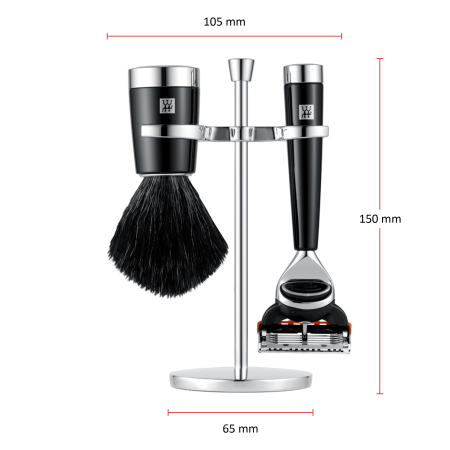 Größenangaben des ZWILLING Classic Rasier-Sets mit Rasierhobel. Gesamtlänge beträgt 150mm. Die Breite des Sets beträgt 105 mm.