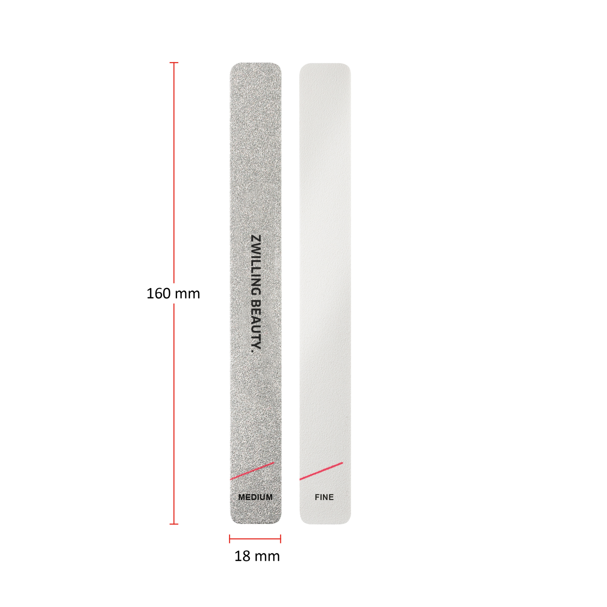 Größenangaben einer ZWILLING Premium Sandblatt-Nagelfeile. Gesamtlänge beträgt 160mm.