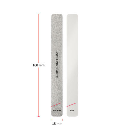 Größenangaben einer ZWILLING Premium Sandblatt-Nagelfeile. Gesamtlänge beträgt 160mm.
