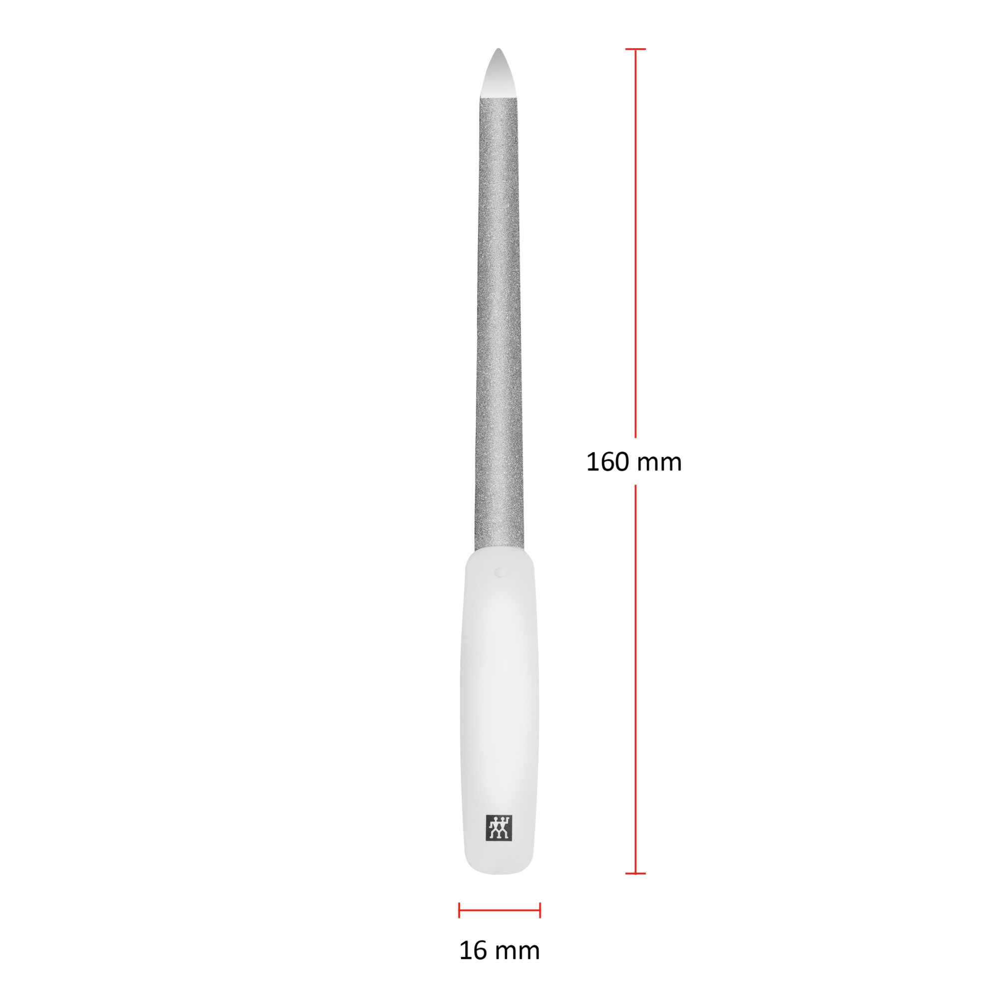 Größenangaben einer ZWILLING Classic Saphir-Formfeile. Gesamtlänge beträgt 160mm.