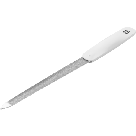 Queransicht einer ZWILLING Classic Saphir-Formfeile in Weiß mit speziell gewölbtem Feilenblatt sowie grob-und feinkörnigen Feilenflächen.