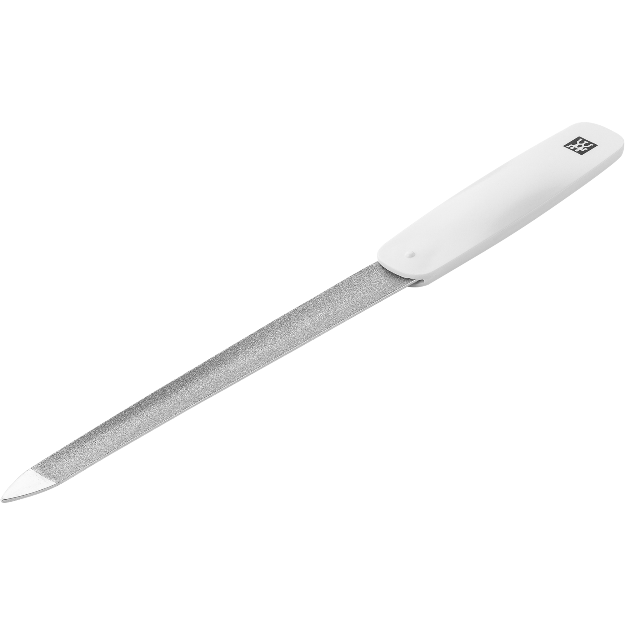 Queransicht einer ZWILLING Classic Saphir-Formfeile in Weiß mit speziell gewölbtem Feilenblatt sowie grob-und feinkörnigen Feilenflächen.