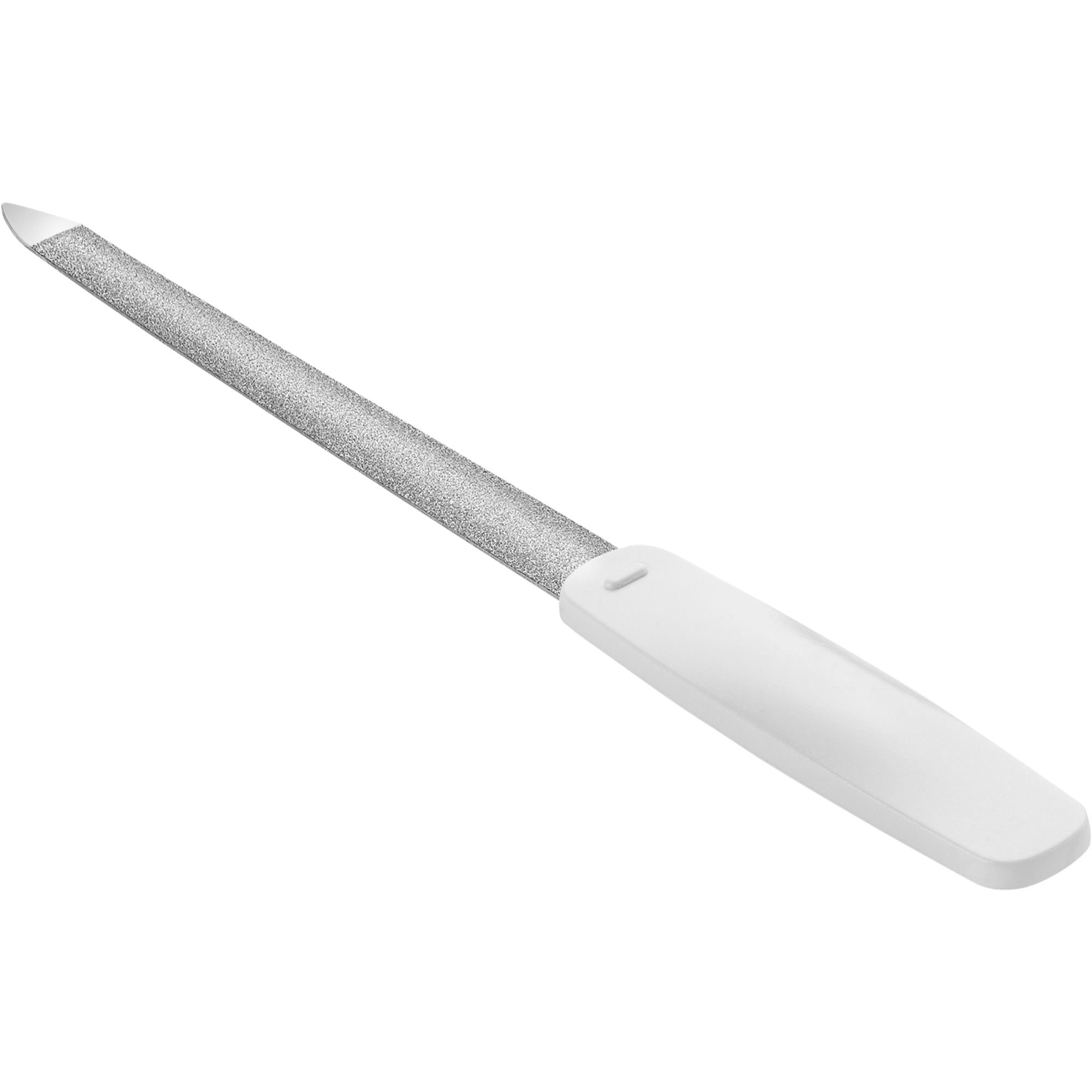 Queransicht einer ZWILLING Classic Saphir-Formfeile in Weiß mit speziell gewölbtem Feilenblatt sowie grob-und feinkörnigen Feilenflächen.