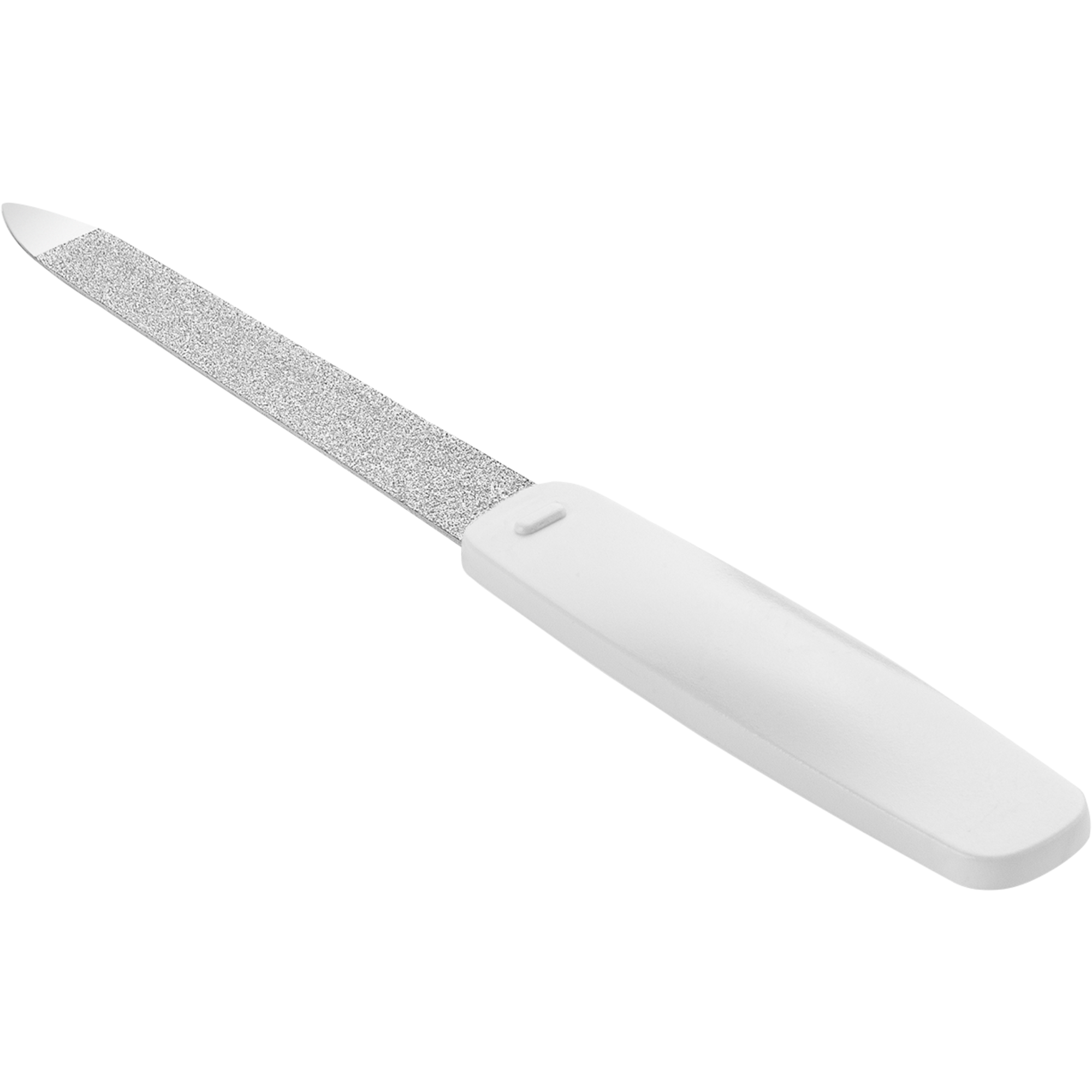 Queransicht einer ZWILLING Classic Saphir-Nagelfeile in weiß mit grob-und feinkörnigen Feilenflächen zum Kürzen und Formen.