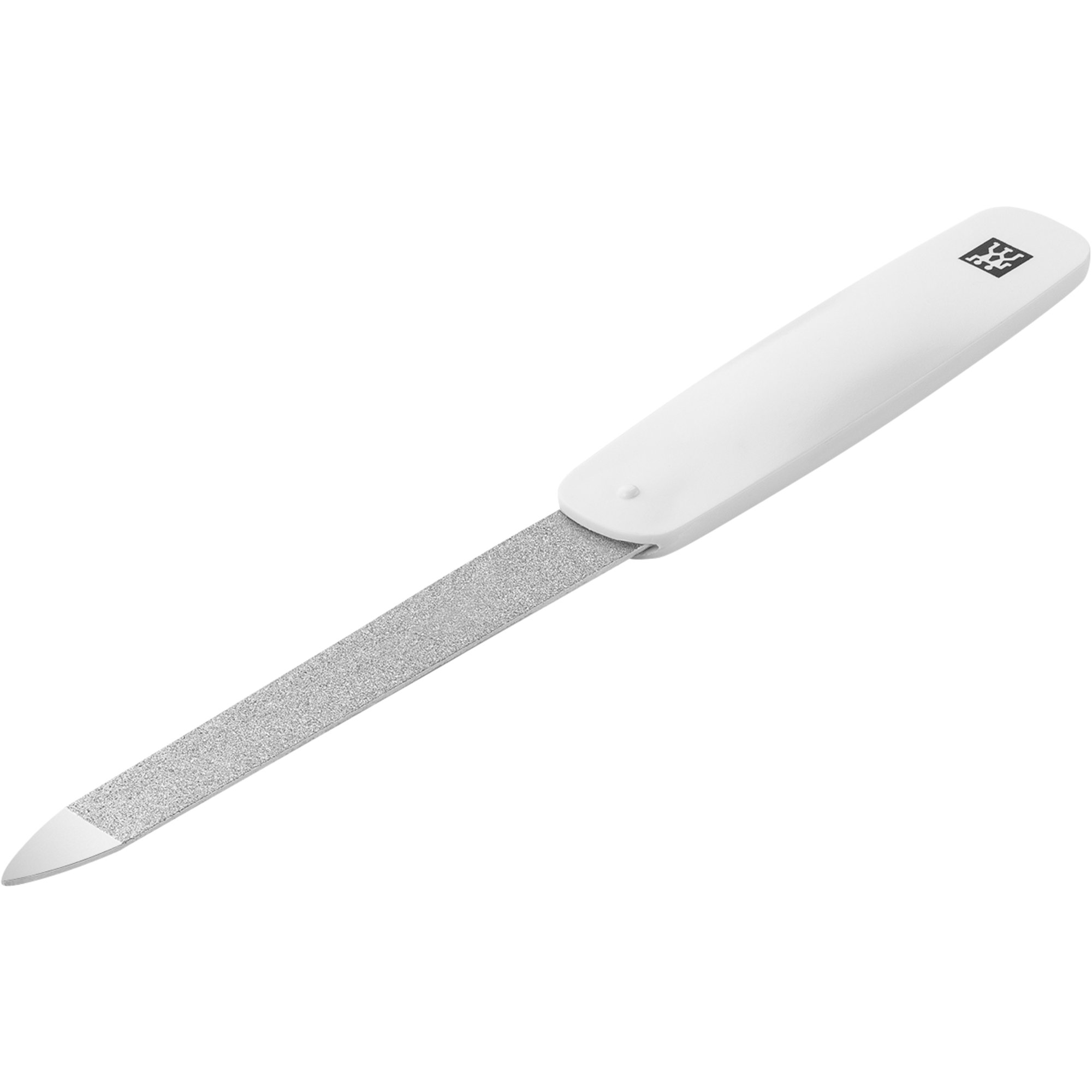 Queransicht einer ZWILLING Classic Saphir-Nagelfeile in weiß mit grob-und feinkörnigen Feilenflächen zum Kürzen und Formen.