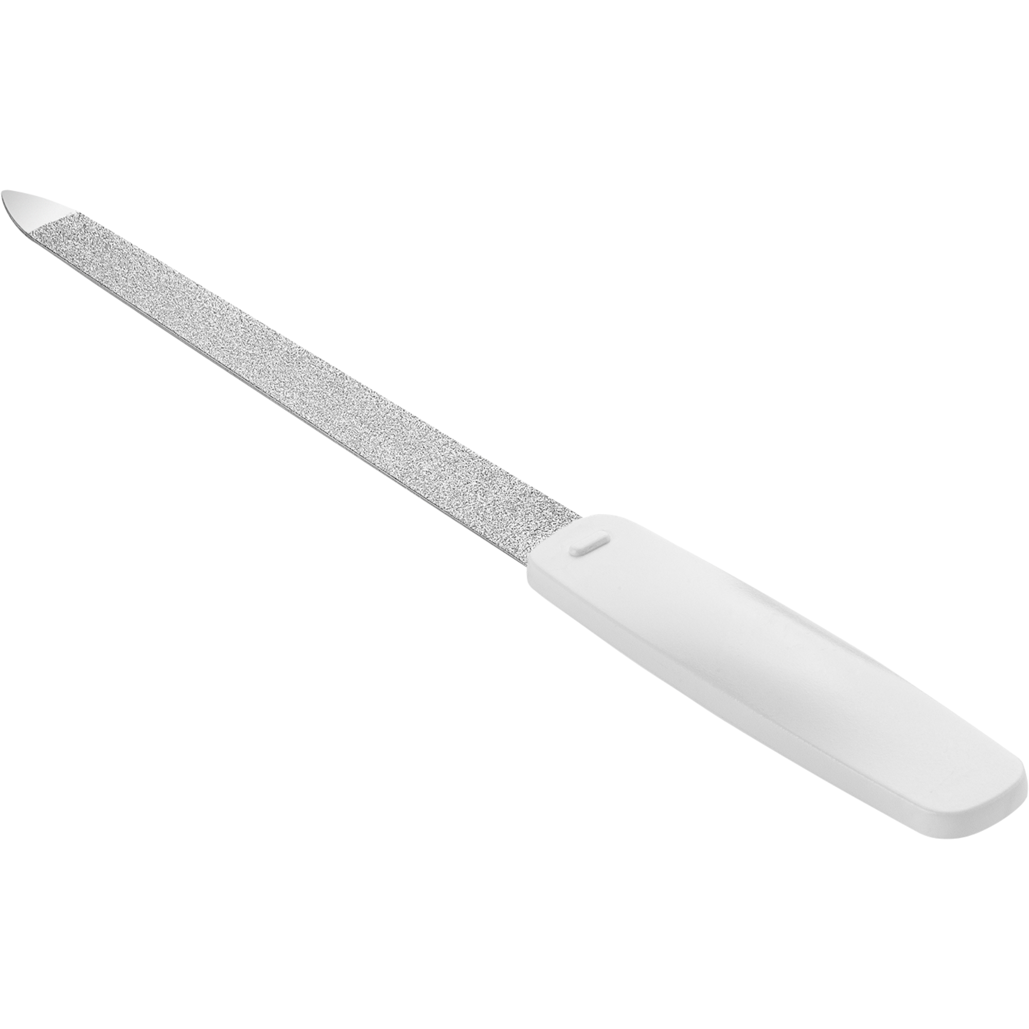 Queransicht einer ZWILLING Classic Saphir-Nagelfeile in weiß mit grob-und feinkörnigen Feilenflächen zum Kürzen und Formen.