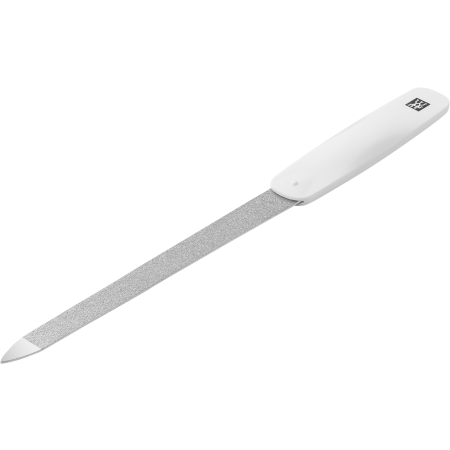 Queransicht einer ZWILLING Classic Saphir-Nagelfeile in weiß mit grob-und feinkörnigen Feilenflächen zum Kürzen und Formen.