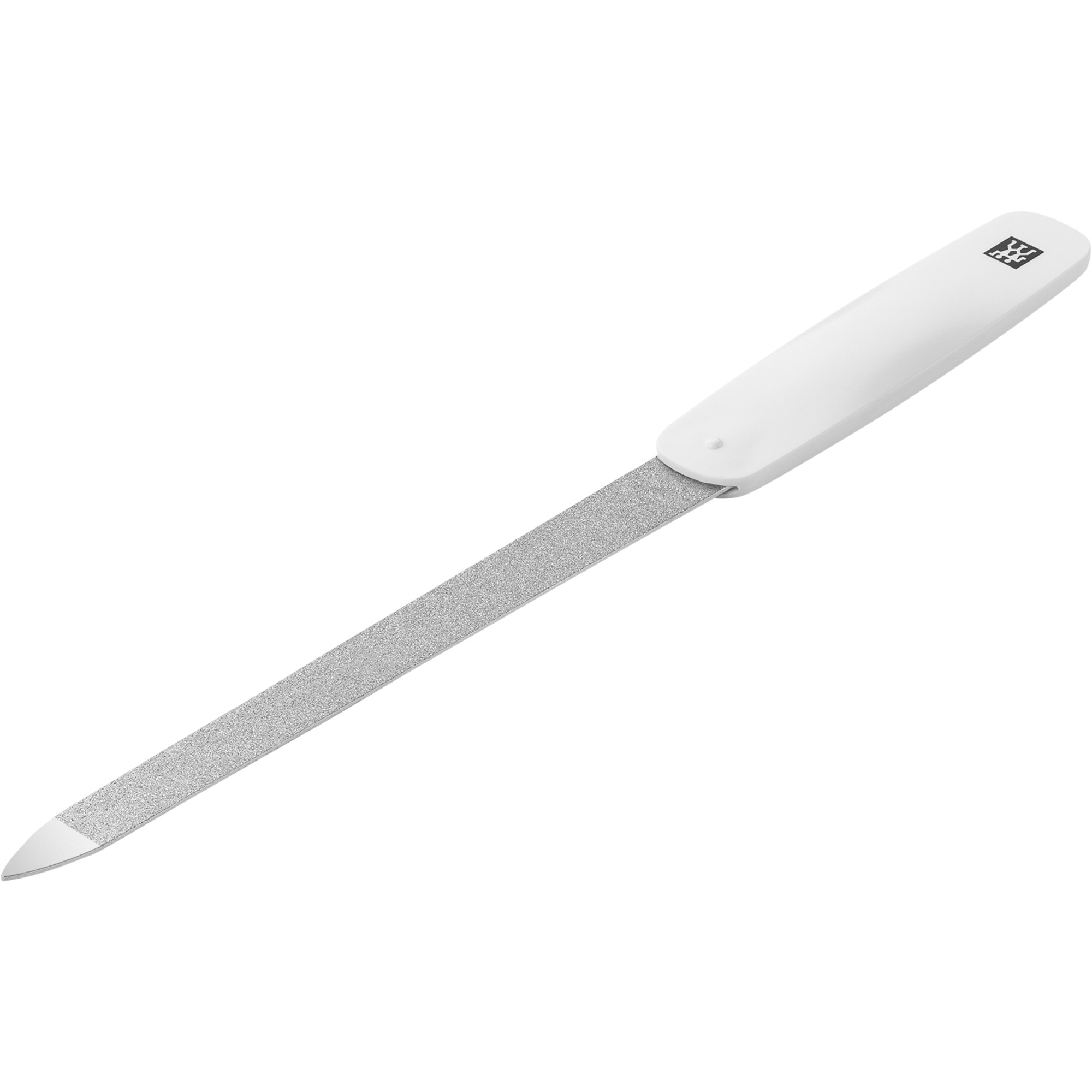 Queransicht einer ZWILLING Classic Saphir-Nagelfeile in weiß mit grob-und feinkörnigen Feilenflächen zum Kürzen und Formen.