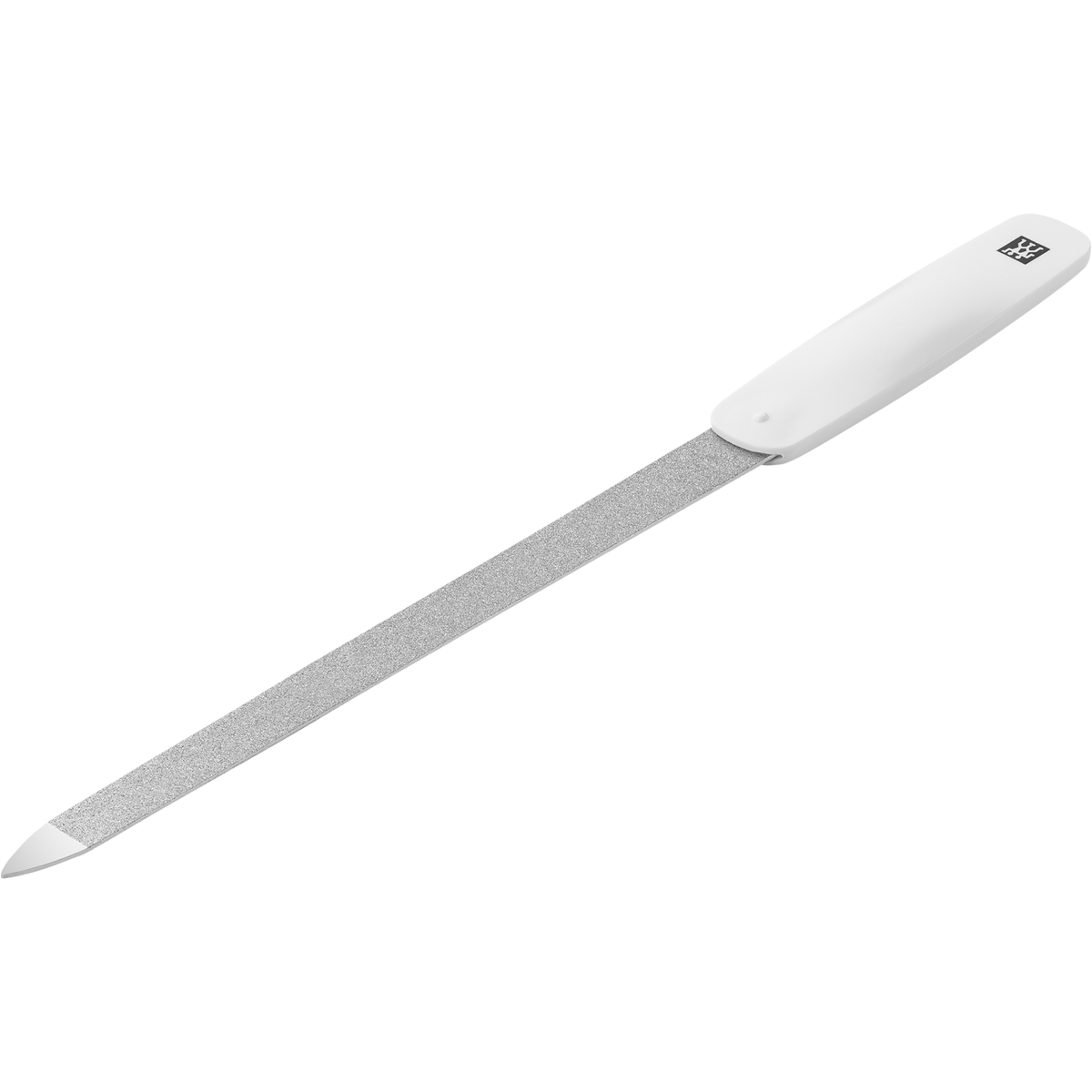 Queransicht einer ZWILLING Classic Saphir-Nagelfeile in weiß mit grob-und feinkörnigen Feilenflächen zum Kürzen und Formen.