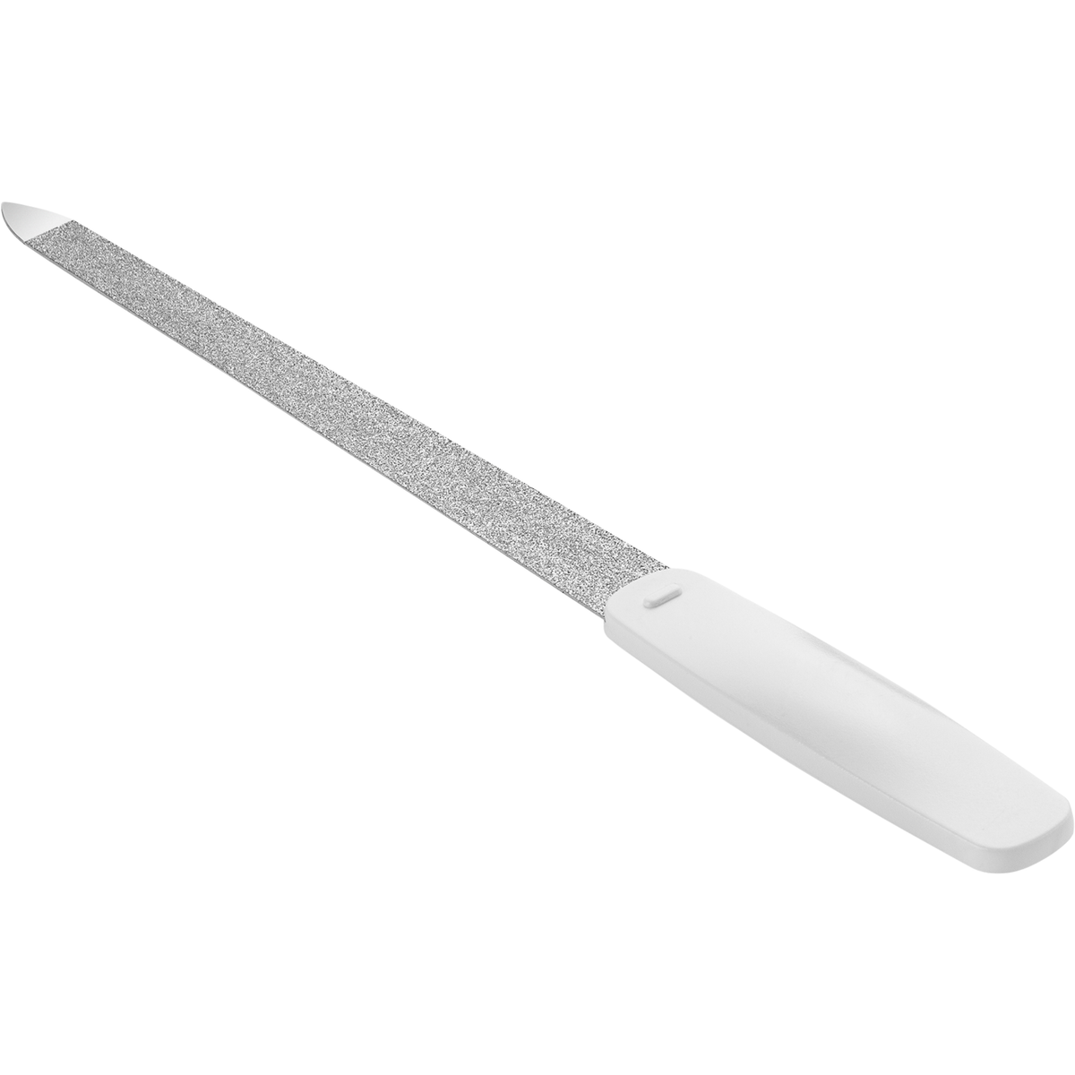 Queransicht einer ZWILLING Classic Saphir-Nagelfeile in weiß mit grob-und feinkörnigen Feilenflächen zum Kürzen und Formen.