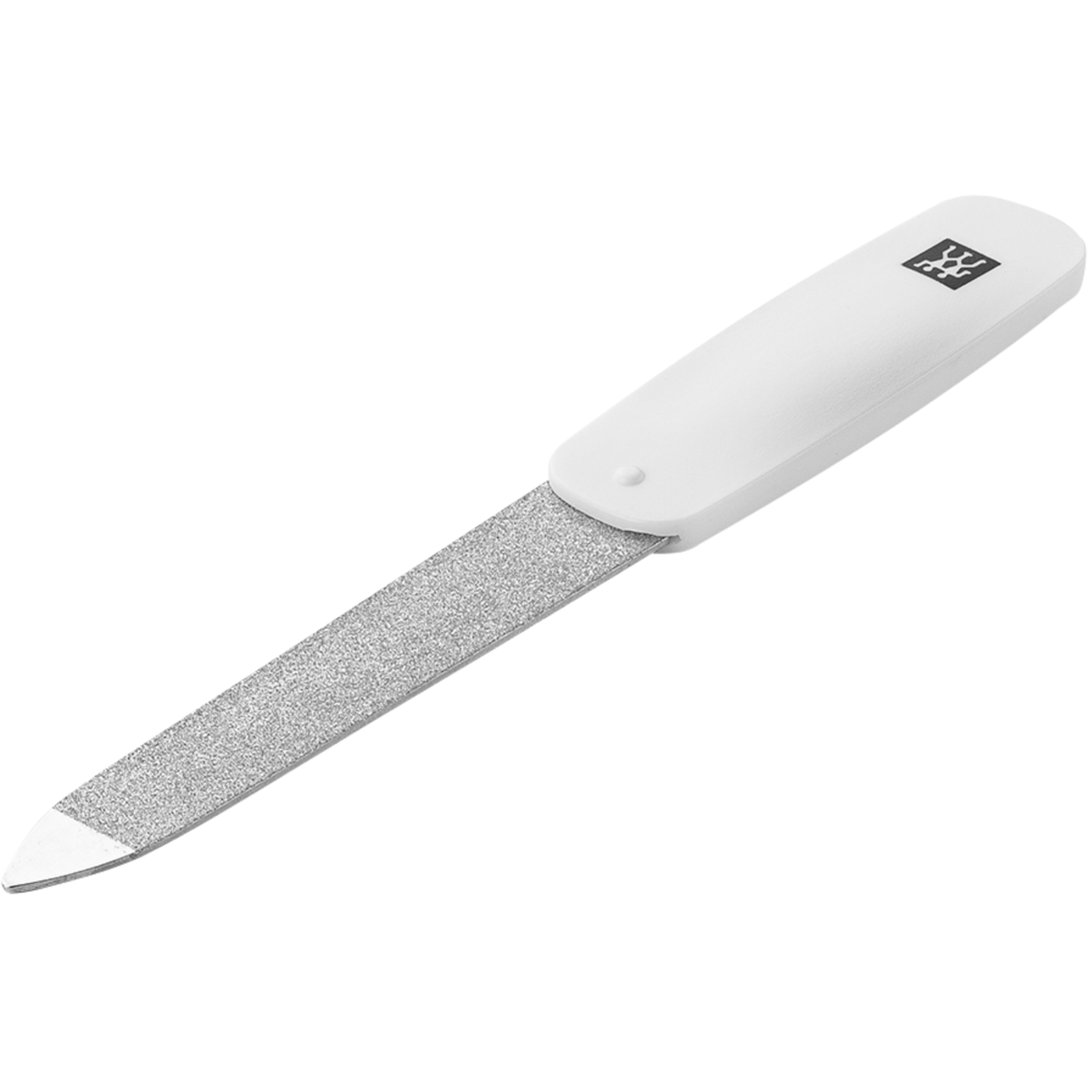 Queransicht einer ZWILLING Classic Saphir-Nagelfeile in weiß mit grob-und feinkörnigen Feilenflächen zum Kürzen und Formen.