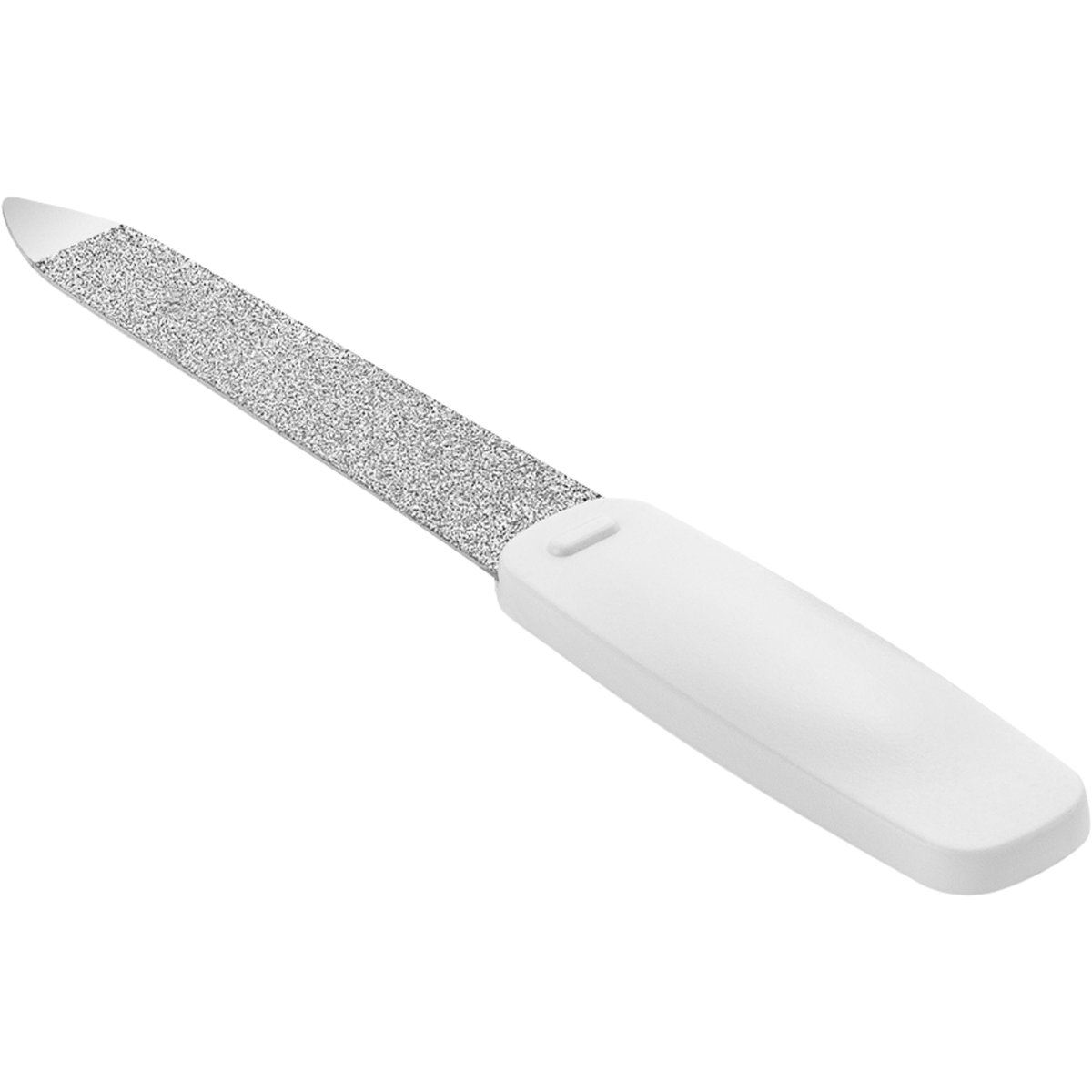 Queransicht einer ZWILLING Classic Saphir-Nagelfeile in weiß mit grob-und feinkörnigen Feilenflächen zum Kürzen und Formen.