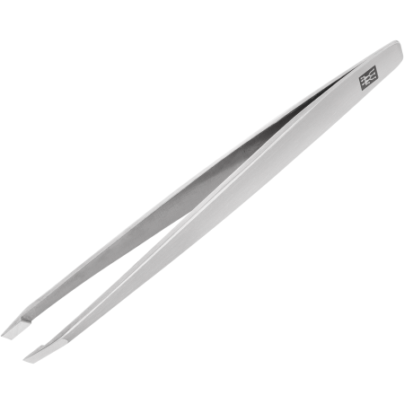 Queransicht der ZWILLING Premium schräge Pinzette aus rostfreiem Edelstahl mit handgeschliffenen Spitzen.