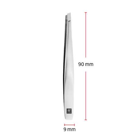 Größenangaben einer ZWILLING Premium schrägen Pinzette. Gesamtlänge beträgt 90mm.