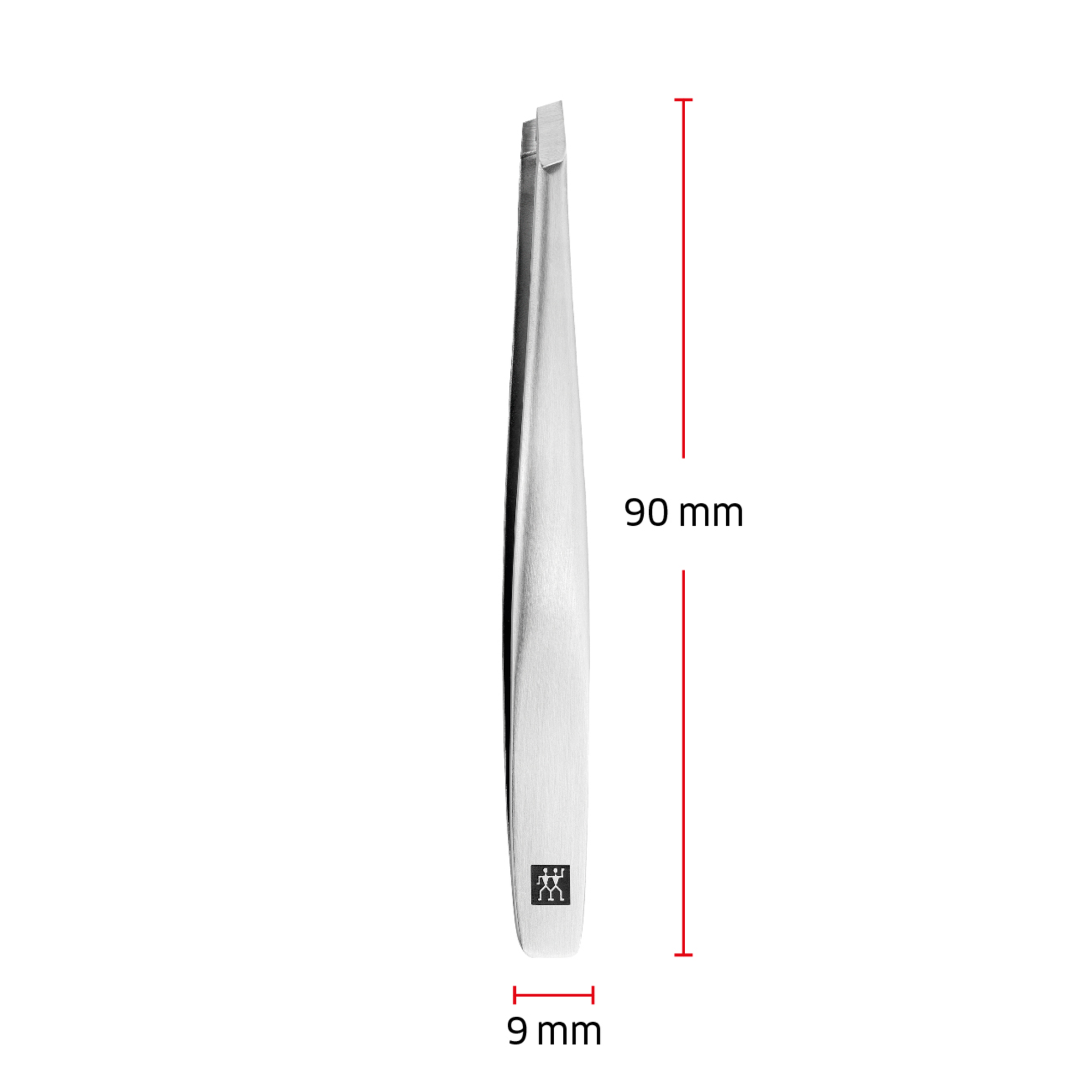 Größenangaben einer ZWILLING Premium schrägen Pinzette. Gesamtlänge beträgt 90mm.