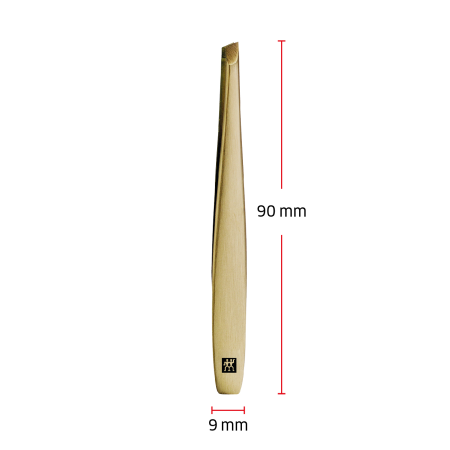 Größenangaben einer ZWILLING Premium schrägen Pinzette. Gesamtlänge beträgt 90mm.