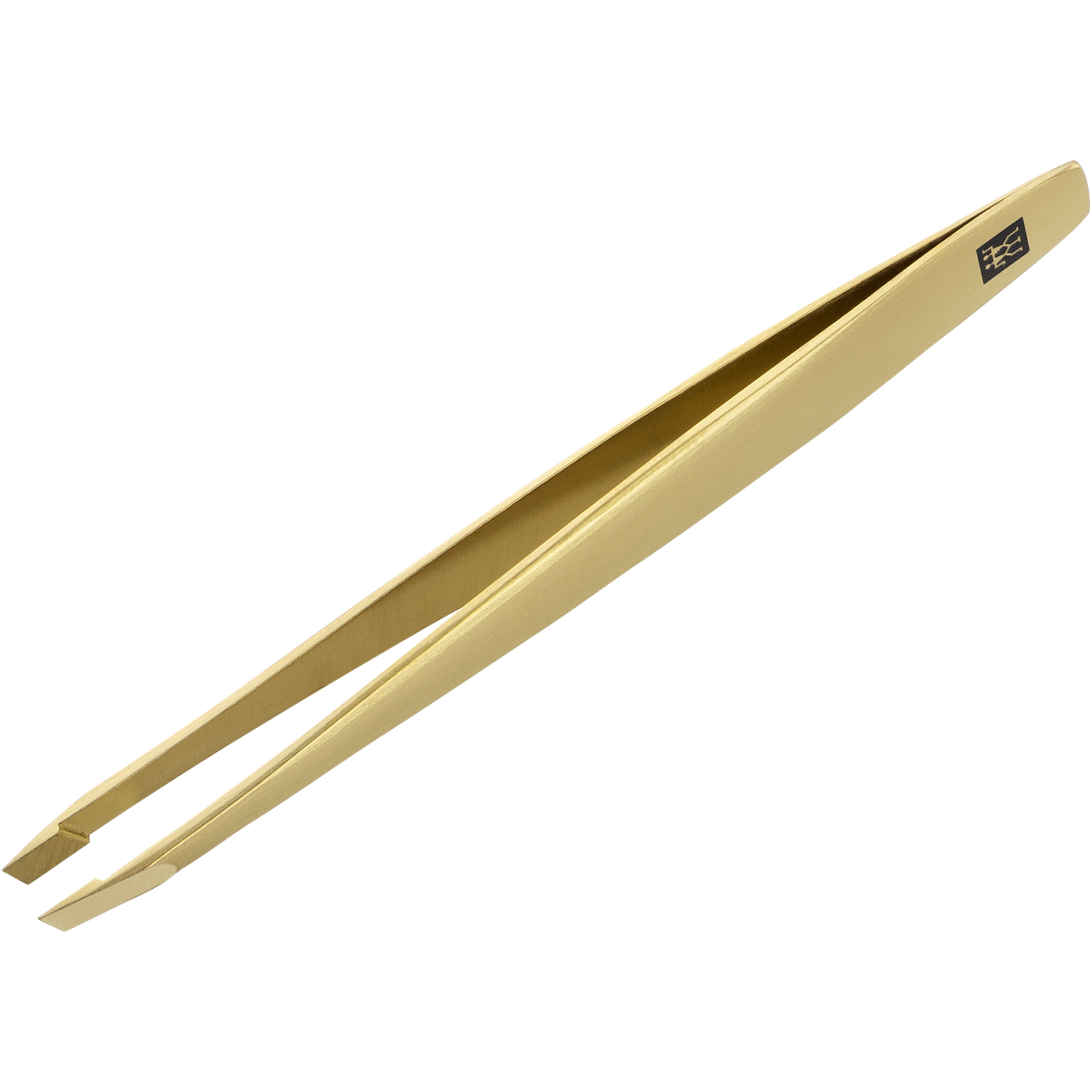 Queransicht der ZWILLING Premium schräge Pinzette in Gold mit handgeschliffenen Spitzen.
