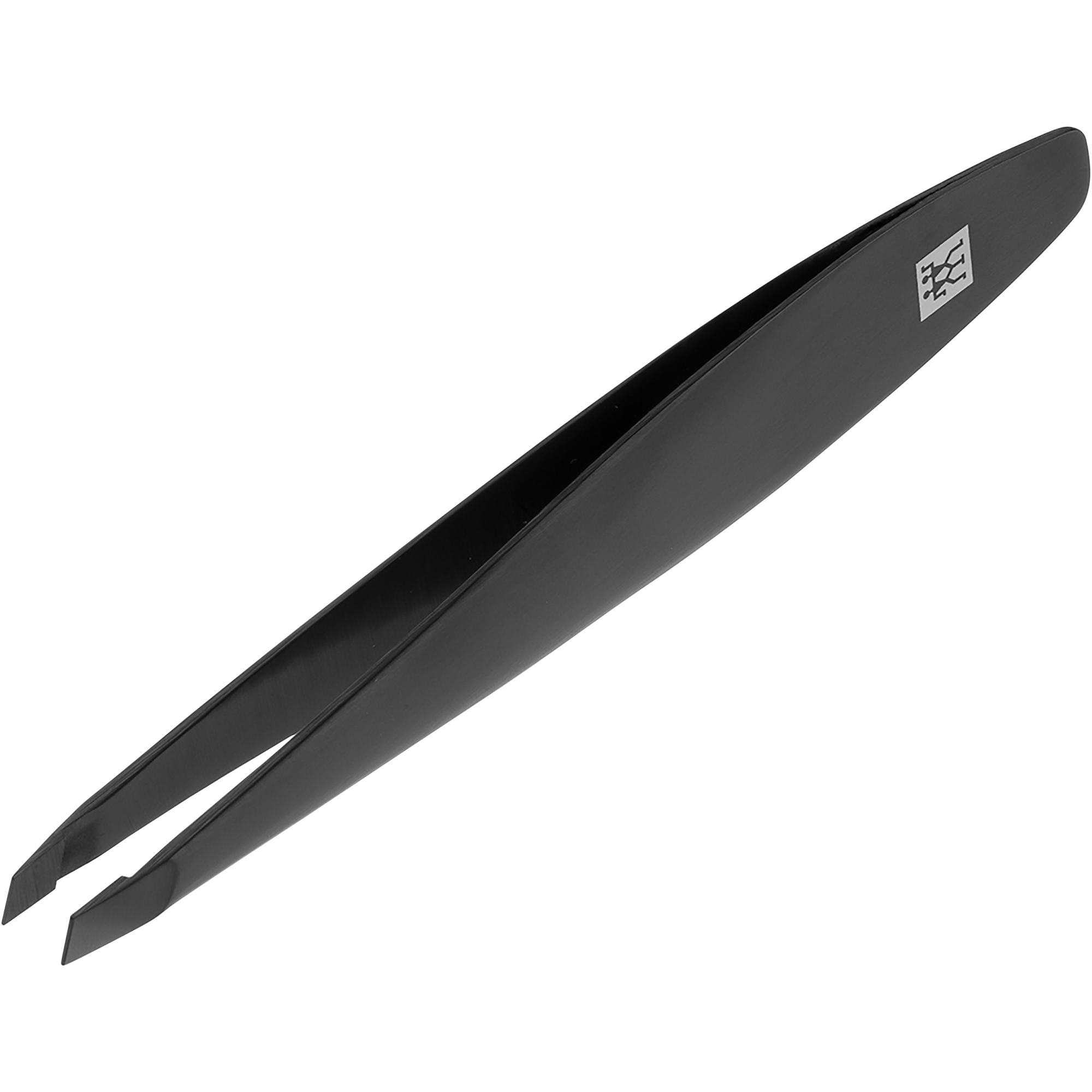 Queransicht der ZWILLING Premium schräge Pinzette in Schwarz mit angerauten, perfekt kalibrierten Spitzen