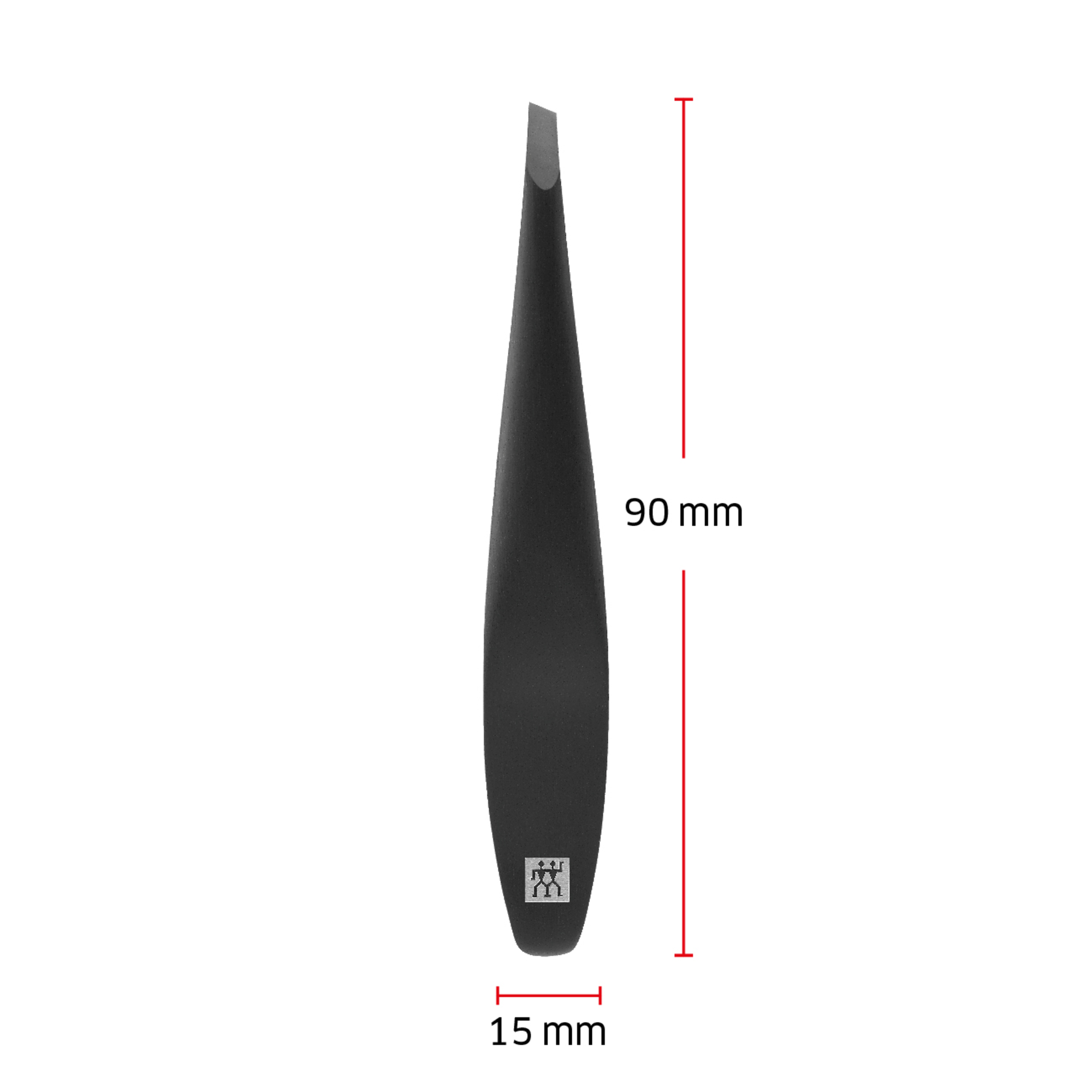 Größenangaben einer ZWILLING Premium schrägen Pinzette in Schwarz. Gesamtlänge beträgt 90mm.