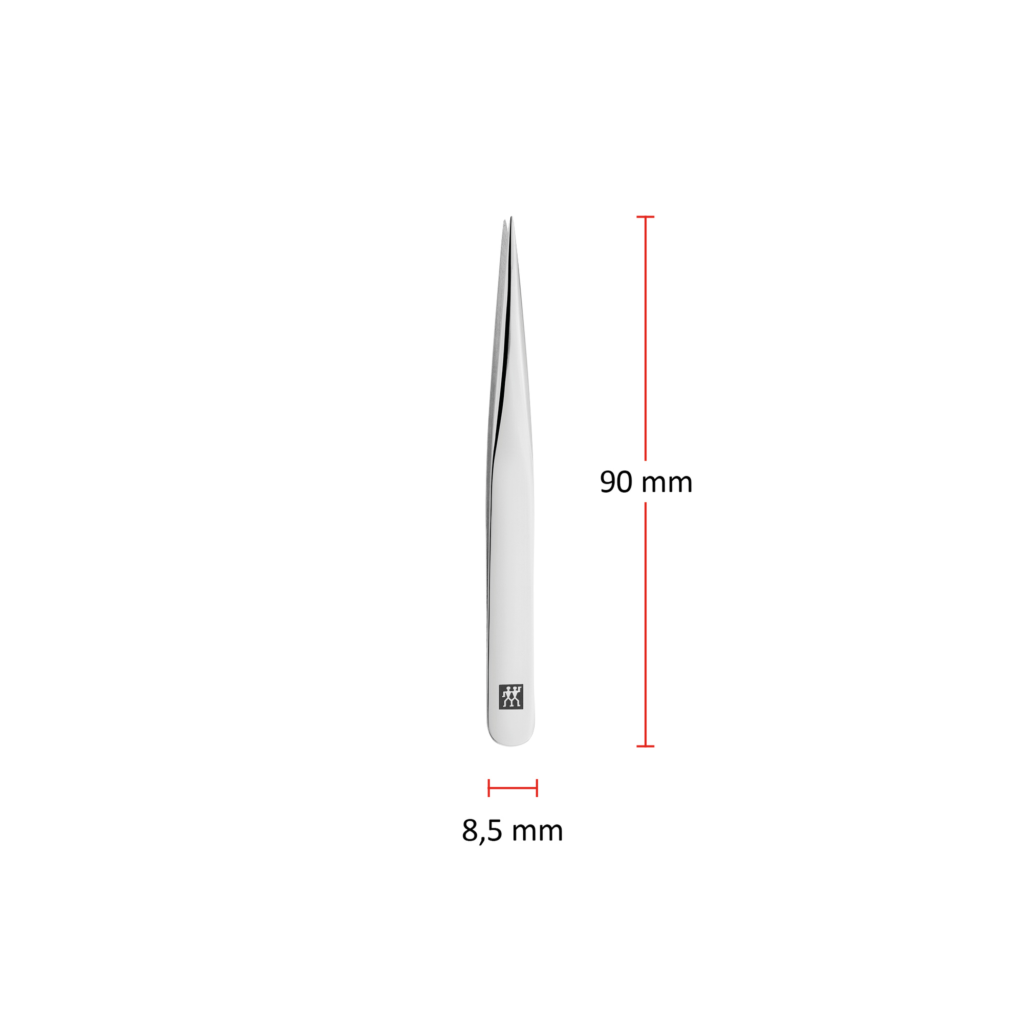 Größenangaben einer ZWILLING Classic spitzen Pinzette. Gesamtlänge beträgt 90mm.