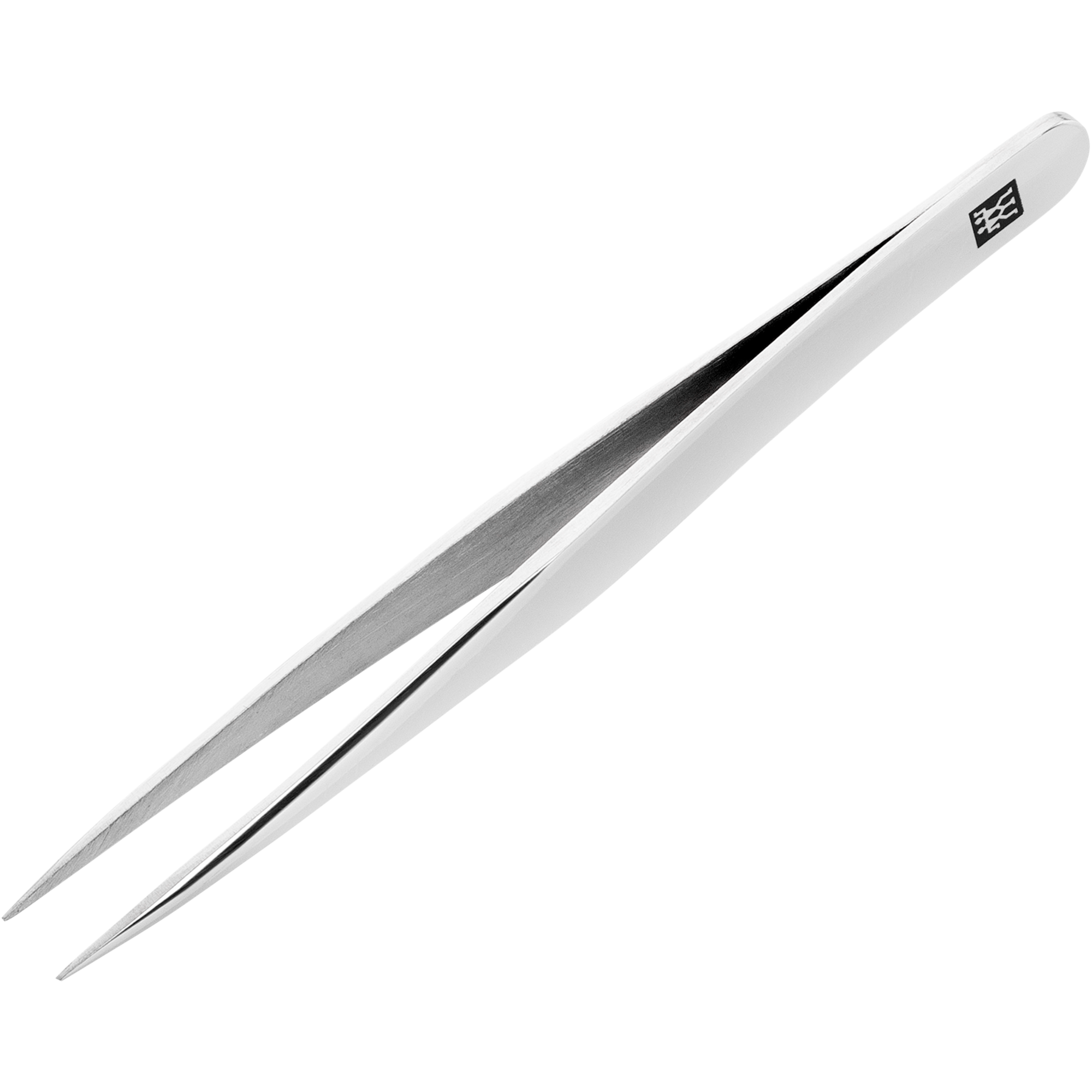 Queransicht der ZWILLING Classic spitze Pinzette aus rostfreiem Edelstahl mit handgeschliffenen, angerauten Spitzen.