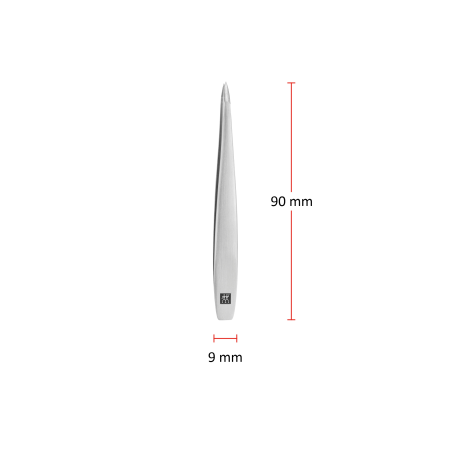 Größenangaben einer ZWILLING Premium spitzen Pinzette. Gesamtlänge beträgt 90mm.