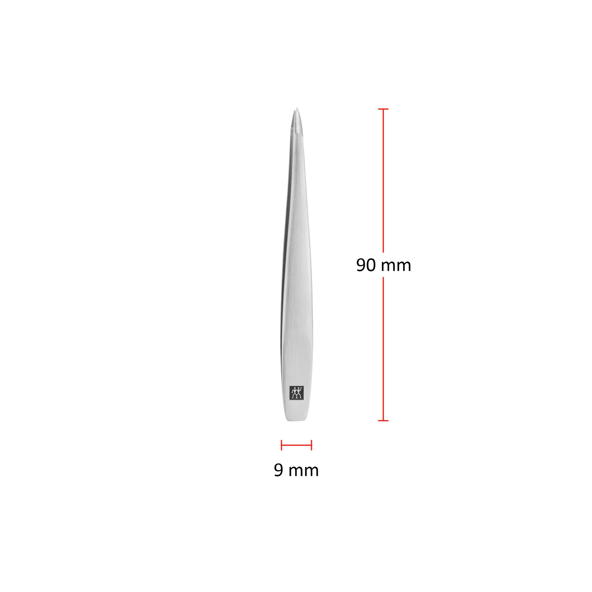 Größenangaben einer ZWILLING Premium spitzen Pinzette. Gesamtlänge beträgt 90mm.