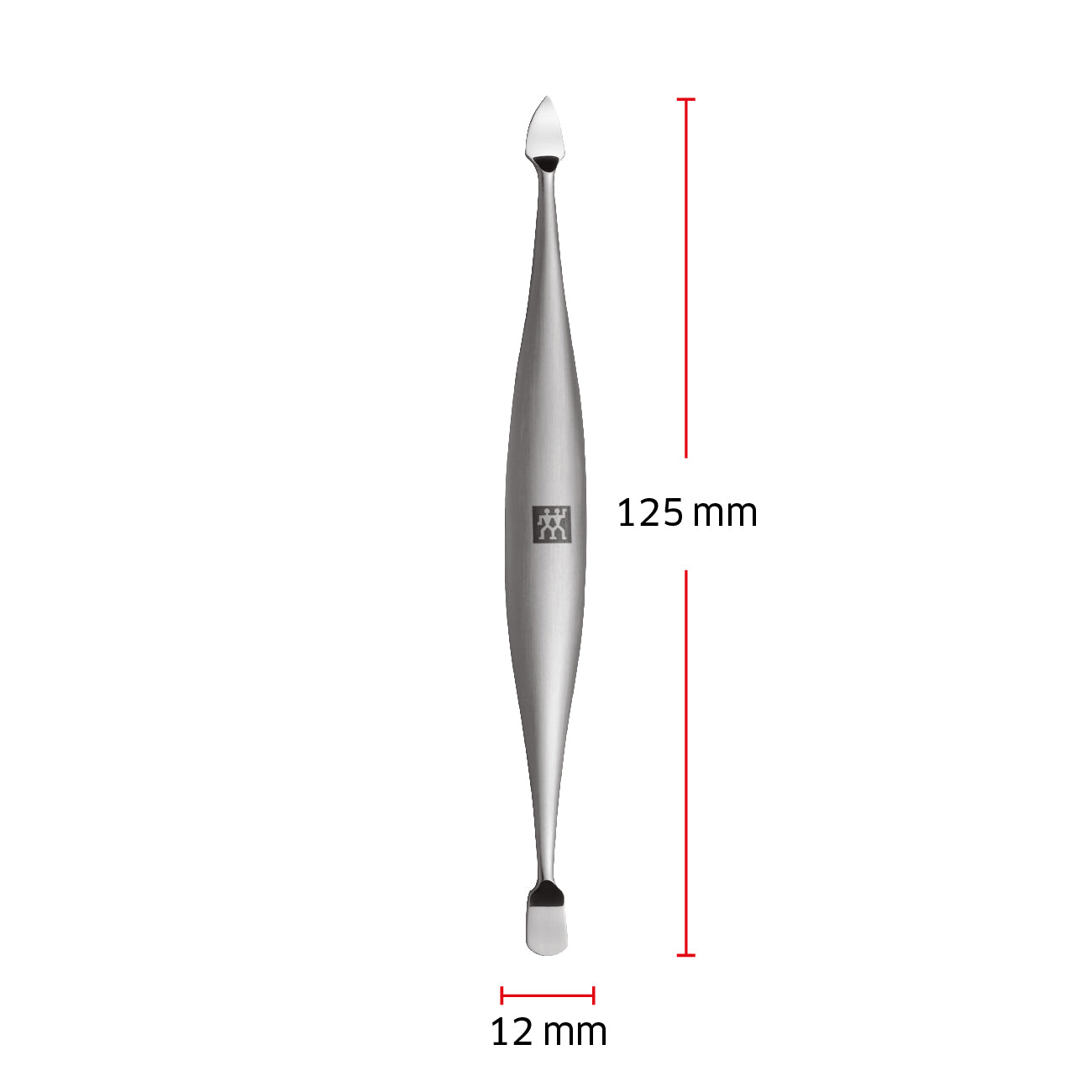 Größenangaben eines ZWILLING Premium Nagelhautschiebers und -reinigers. Gesamtlänge beträgt 125mm.