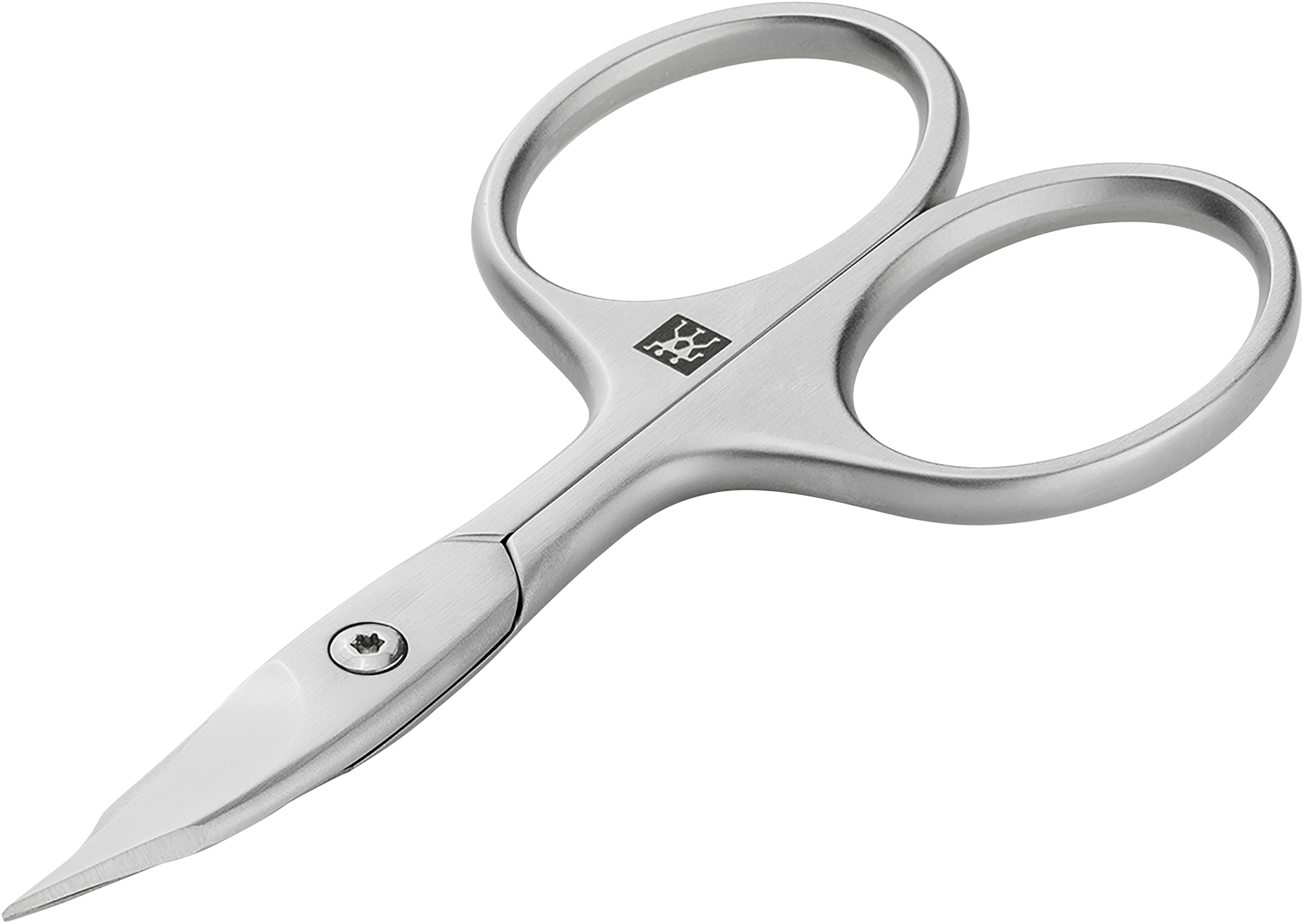 Queransicht einer ZWILLING Premium Nagel- und Nagelhautschere aus rostfreiem Edelstahl mit gebogener Schneide und feiner Spitze.