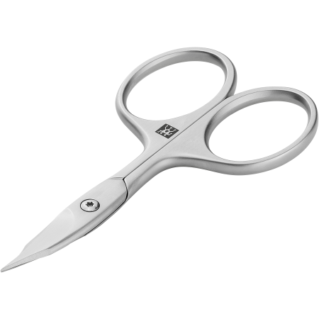 Queransicht einer ZWILLING Premium Nagel- und Nagelhautschere aus rostfreiem Edelstahl mit gebogener Schneide und feiner Spitze.