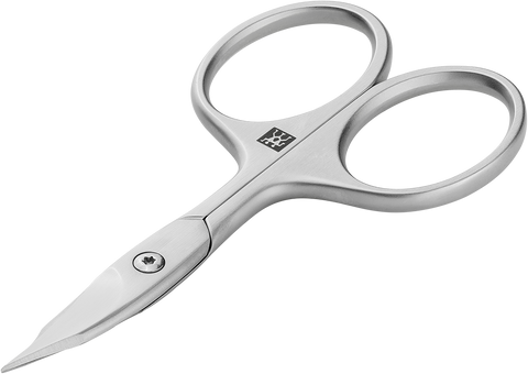Queransicht einer ZWILLING Premium Nagel- und Nagelhautschere aus rostfreiem Edelstahl mit gebogener Schneide und feiner Spitze.