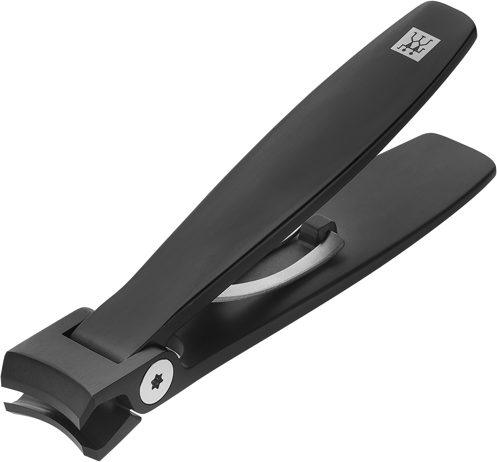 Queransicht eines ZWILLING Premium Nagelknipsers in schwarz mit leicht gebogener Schneide.
