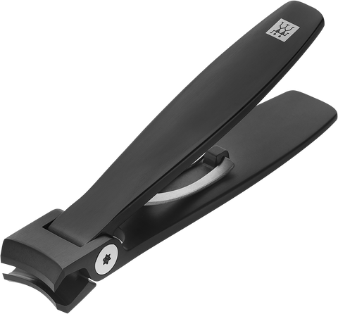 Queransicht eines ZWILLING Premium Nagelknipsers in schwarz mit leicht gebogener Schneide.