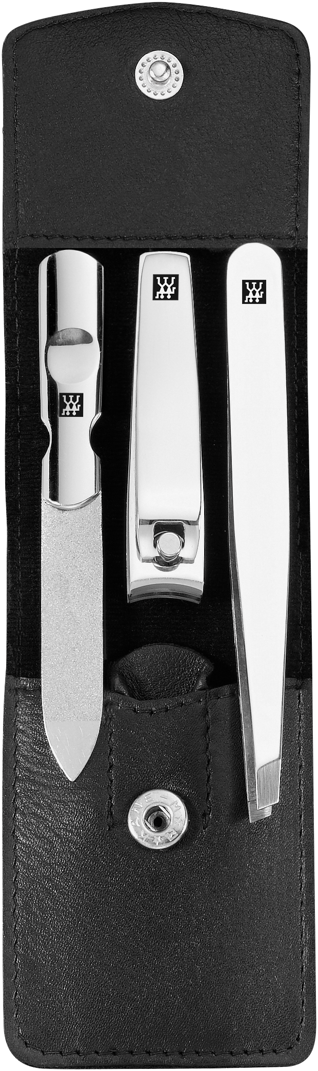 Geöffnetes ZWILLING Classic Set 3tlg. in schwarz mit essentiellen Pflegeinstrumenten aus rostfreiem Edelstahl.