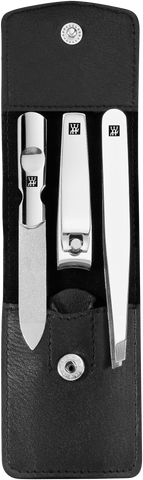 Geöffnetes ZWILLING Classic Set 3tlg. in schwarz mit essentiellen Pflegeinstrumenten aus rostfreiem Edelstahl.