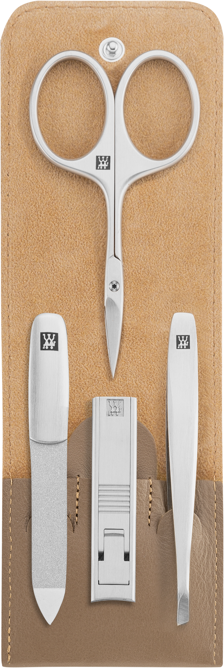 Geöffnetes ZWILLING Premium Set 4tlg. in taupe mit essentiellen Pflegeinstrumenten aus rostfreiem Edelstahl.