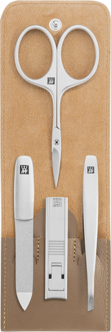 Geöffnetes ZWILLING Premium Set 4tlg. in taupe mit essentiellen Pflegeinstrumenten aus rostfreiem Edelstahl.