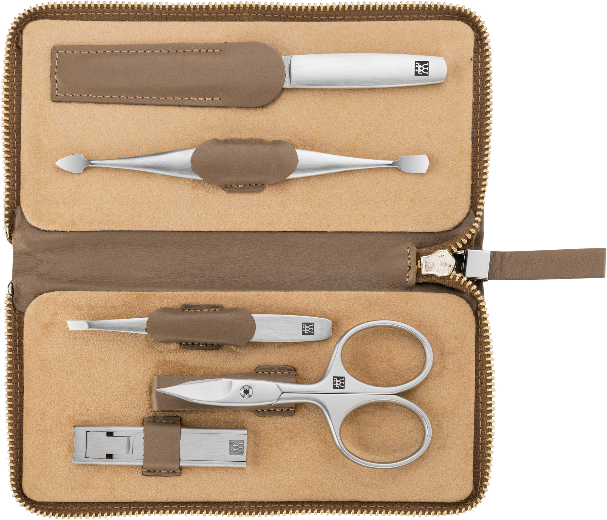 Geöffnetes ZWILLING Premium Set 5tlg. in taupe mit den meistgenutzten Pflegeinstrumenten aus rostfreiem Edelstahl.