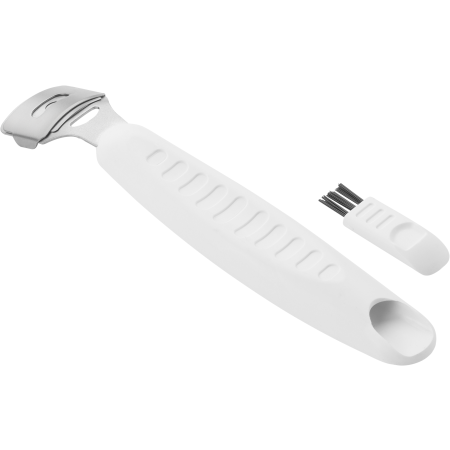 Rückansicht eines ZWILLING Premium Hornhauthobels in weiß mit scharfer, auswechselbarer Klinge und herausgenommenem Reinigungsbürstchen.
