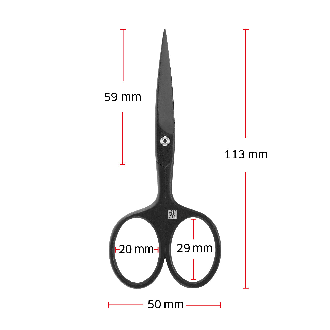 Größenangaben einer ZWILLING Premium Bartschere. Gesamtlänge beträgt 113mm.